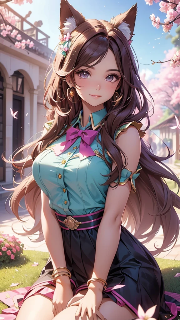(best quality,4k,8k,highres,masterpiece:1.2),ultra-detailed,(realistic,photorealistic,photo-realistic:1.37),acrylic painting,beautiful Brazilian model in a uniform outfit with downy hair,beautiful Brazilian model with extremely colorful brown hair and detailed facial features,beautiful Brazilian model standing in a beautiful garden surrounded by a starry sky,brown hair,beautiful Brazilian model wearing a vibrant pink and teal uniform outfit,beautiful Brazilian model with intricate accessories,cat ears, ,beautiful Brazilian model with long flowing twintails,beautiful Brazilian model with bright brown eyes and rosy lips,beautiful Brazilian model with a joyful expression,beautiful Brazilian model in a dynamic pose with cherry blossoms falling around her,beautiful Brazilian model surrounded by colorful flowers and butterflies,beautiful Brazilian model's school uniform outfit adorned with cute bows and lace details,beautiful Brazilian model with an enchanting smile,beautiful Brazilian model with soft, pastel-colored shading,beautiful Brazilian model with a magical glow illuminating her,beautiful Brazilian model in a picturesque setting with a winding path leading to a magnificent castle,beautiful Brazilian model with a fairytale-like background,beautiful Brazilian model with a soft, dreamy atmosphere,beautiful Brazilian model with a subtle bokeh effect,beautiful Brazilian model standing under a sunny sky,beautiful Brazilian model with a warm, golden sunset in the background,beautiful Brazilian model surrounded by twinkling stars and colorful nebulae,creating an ethereal and captivating artistic masterpiece, sitting down, facing camera.