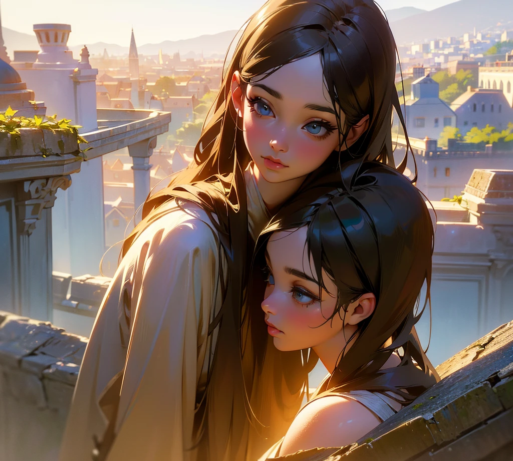 A small village on the edge of a bustling city, (1girl:1.2), beautiful detailed eyes, beautiful detailed lips, extremely detailed eyes and face, long eyelashes, intricate architecture, cobblestone streets, lush foliage, golden sunlight, warm color palette, cinematic lighting, highly detailed, (best quality,4k,8k,highres,masterpiece:1.2),ultra-detailed,(realistic,photorealistic,photo-realistic:1.37),cinematic composition,epic landscape,atmospheric,fantasy elements
