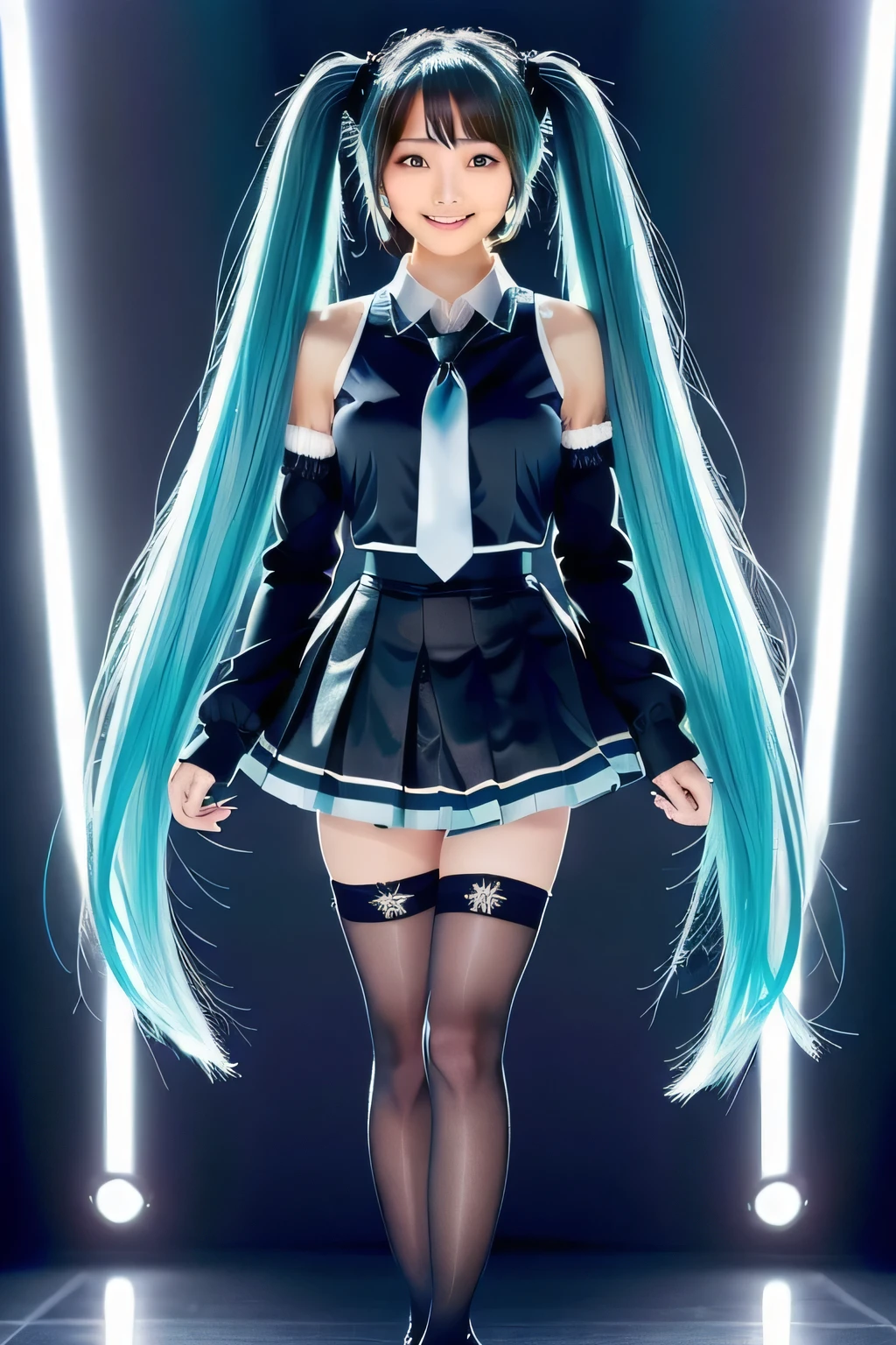 masterpiece, Highest quality,One girl,hatsune miku,Aqua Hair, Aqua Eye, Long Hair, Twin tails, Gradient Hair, Exposing shoulders,Black Skirt,Blue tie,Removable sleeves,Small breasts,Grey Shirt,Long sleeve,mini skirt,Pleated skirt, Knee socks, Happy,Outdoor,Shiny clothes,View your viewers, Face that faithfully reproduces the face of LoRA, High resolution, Very detailed, Natural Bangs, highest quality
