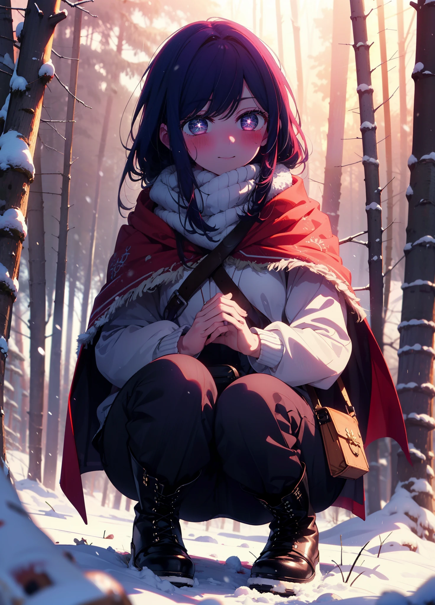 aihoshino, Ai Hoshino, Long Hair, bangs, (Purple eyes:1.1), Purple Hair, (Symbol-shaped pupil:1.5), smile,,smile,blush,white breath,
Open your mouth,snow,Ground bonfire, Outdoor, boots, snowing, From the side, wood, suitcase, Cape, Blurred, , forest, White handbag, nature, Squat, Mouth closed, Cape, winter, Written boundary depth, Black shoes, red Cape break looking at viewer, Upper Body, whole body, break Outdoor, forest, nature, break (masterpiece:1.2), Highest quality, High resolution, unity 8k wallpaper, (shape:0.8), (Beautiful and beautiful eyes:1.6), Highly detailed face, Perfect lighting, Highly detailed CG, (Perfect hands, Perfect Anatomy),
