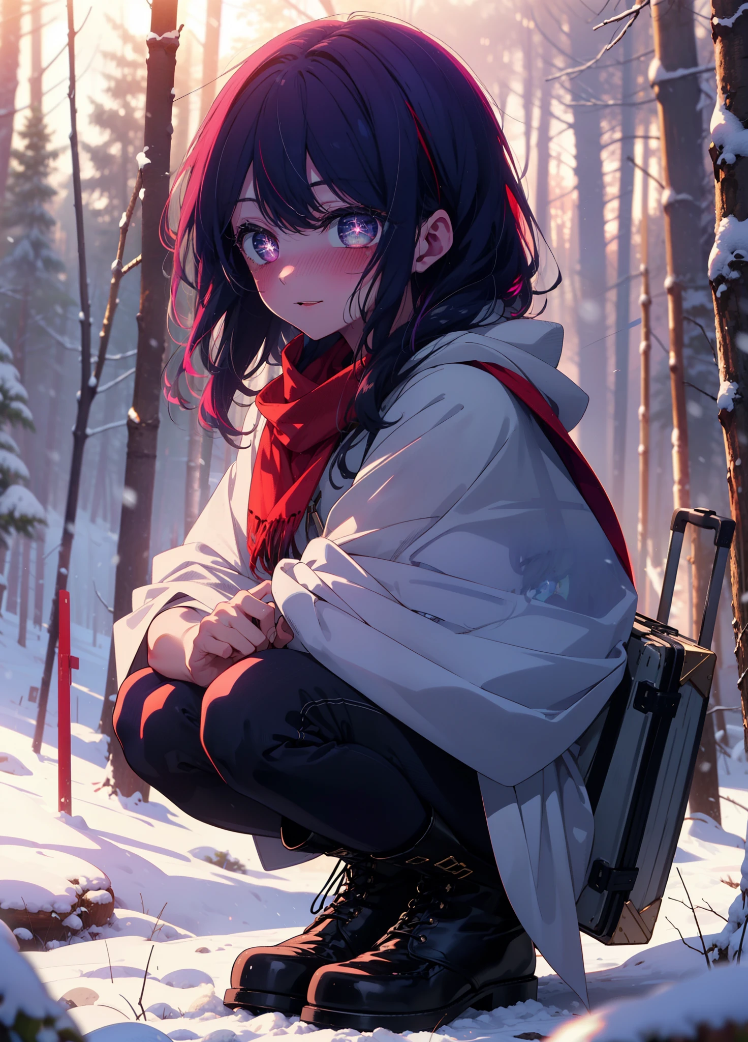 aihoshino, Ai Hoshino, Long Hair, bangs, (Purple eyes:1.1), Purple Hair, (Symbol-shaped pupil:1.5), smile,,smile,blush,white breath,
Open your mouth,snow,Ground bonfire, Outdoor, boots, snowing, From the side, wood, suitcase, Cape, Blurred, , forest, White handbag, nature, Squat, Mouth closed, Cape, winter, Written boundary depth, Black shoes, red Cape break looking at viewer, Upper Body, whole body, break Outdoor, forest, nature, break (masterpiece:1.2), Highest quality, High resolution, unity 8k wallpaper, (shape:0.8), (Beautiful and beautiful eyes:1.6), Highly detailed face, Perfect lighting, Highly detailed CG, (Perfect hands, Perfect Anatomy),