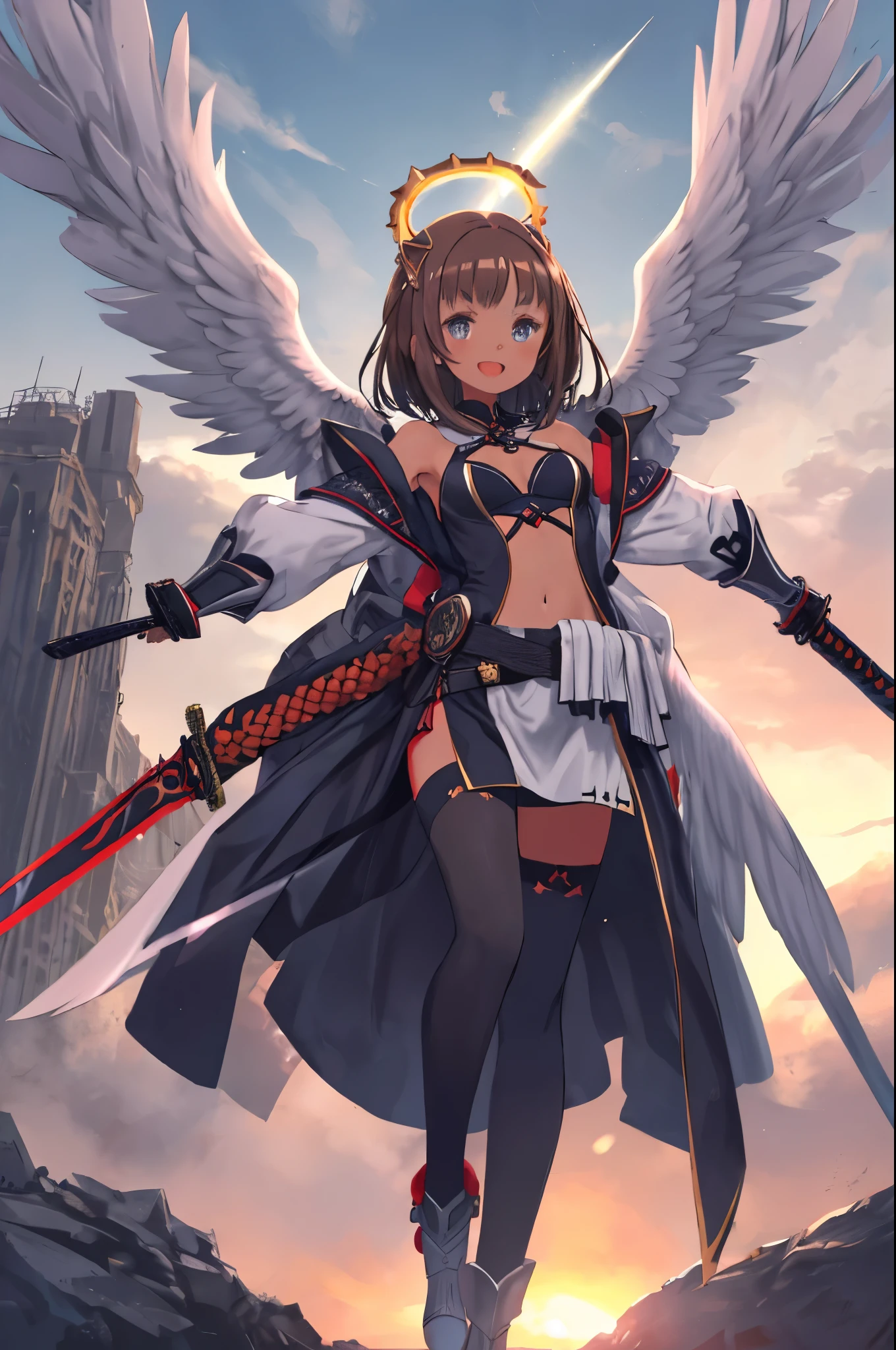 fantasy, 1angel_girl, low_teen, dark_brown_hair,long_bangs, (dark_skin)+, bare_shoulder, navel out, thighhighs,silver_shiny_armor, white_clothes,waist_armor, Glebe, hold_swords_emits_light, medium_breasts, dynamic_flying_pose,Floating, (1pair_white_wings:1.2),(pelvic_curtain:1.3), silver_Headgear ,looking_down_at_sunset_city_sky_background,,slightly_spread_legs, some_swords_emits_light,some_swords_emits_light_floating_around_the_girl,solo,glare_halo,laugh ,smile,open_mouth,open_legs,open_arms,rise_knee,rise_leg,rise_thigh,rise_leg,forward_leaning_posture,apart_legs,