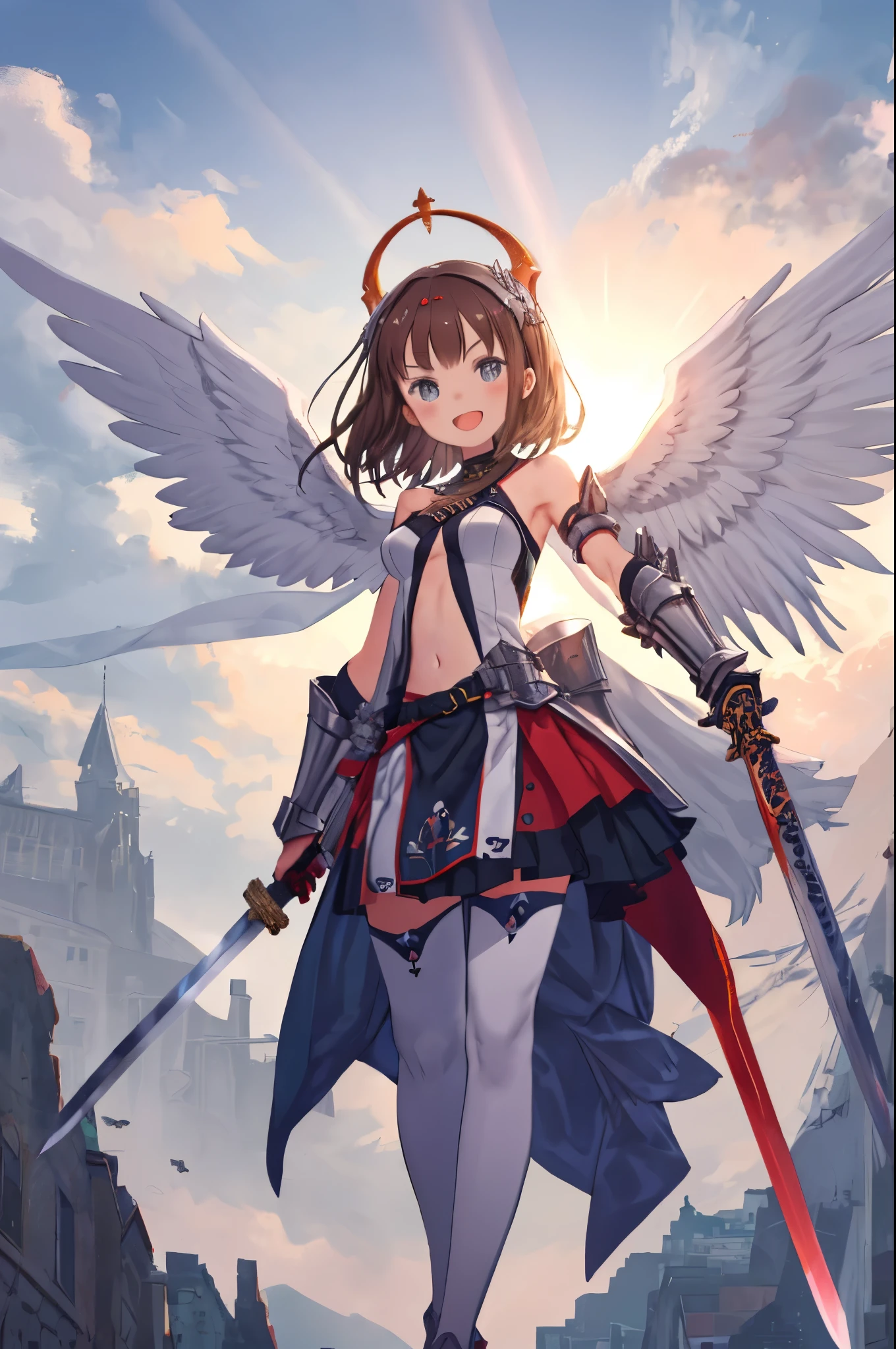 fantasy, 1angel_girl, low_, dark_brown_hair,long_bangs, (dark_skin)+, bare_shoulder, navel out, thighhighs,silver_shiny_armor, white_clothes,waist_armor, Glebe, hold_swords_emits_light, medium_breasts, dynamic_flying_pose,Floating, (1pair_white_wings:1.2),(pelvic_curtain:1.3), silver_Headgear ,looking_down_at_sunset_city_sky_background,,slightly_spread_legs, some_swords_emits_light,some_swords_emits_light_floating_around_the_girl,solo,glare_halo,laugh ,smile,open_mouth,open_legs,open_arms,rise_knee,rise_leg,rise_thigh,rise_leg,forward_leaning_posture,apart_legs,