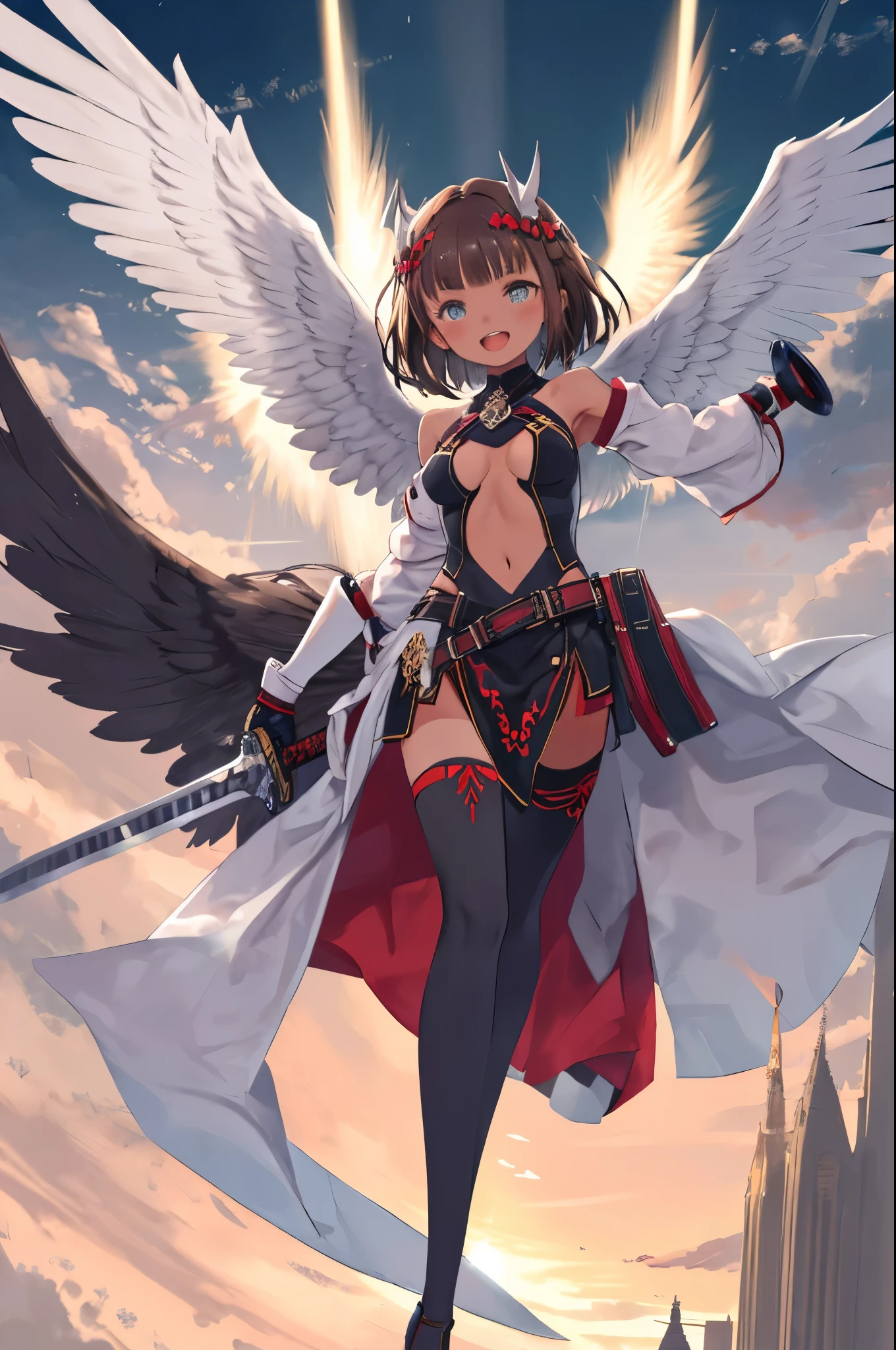 fantasy, 1angel_girl, low_teen, dark_brown_hair,long_bangs, (dark_skin)+, bare_shoulder, navel out, thighhighs,silver_shiny_armor, white_clothes,waist_armor, Glebe, hold_swords_emits_light, medium_breasts, dynamic_flying_pose,Floating, (1pair_white_wings:1.2),(pelvic_curtain:1.3), silver_Headgear ,looking_down_at_sunset_city_sky_background,,slightly_spread_legs, some_swords_emits_light,some_swords_emits_light_floating_around_the_girl,solo,glare_halo,laugh ,smile,open_mouth,open_legs,open_arms,rise_knee,rise_leg,rise_thigh,rise_leg,forward_leaning_posture,apart_legs,