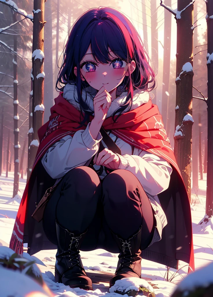 aihoshino, Ai Hoshino, Long Hair, bangs, (Purple eyes:1.1), Purple Hair, (Symbol-shaped pupil:1.5), smile,,smile,blush,white breath,
Open your mouth,snow,Ground bonfire, Outdoor, boots, snowing, From the side, wood, suitcase, Cape, Blurred, , forest, White handbag, nature, Squat, Mouth closed, Cape, winter, Written boundary depth, Black shoes, red Cape break looking at viewer, Upper Body, whole body, break Outdoor, forest, nature, break (masterpiece:1.2), Highest quality, High resolution, unity 8k wallpaper, (shape:0.8), (Beautiful and beautiful eyes:1.6), Highly detailed face, Perfect lighting, Highly detailed CG, (Perfect hands, Perfect Anatomy),