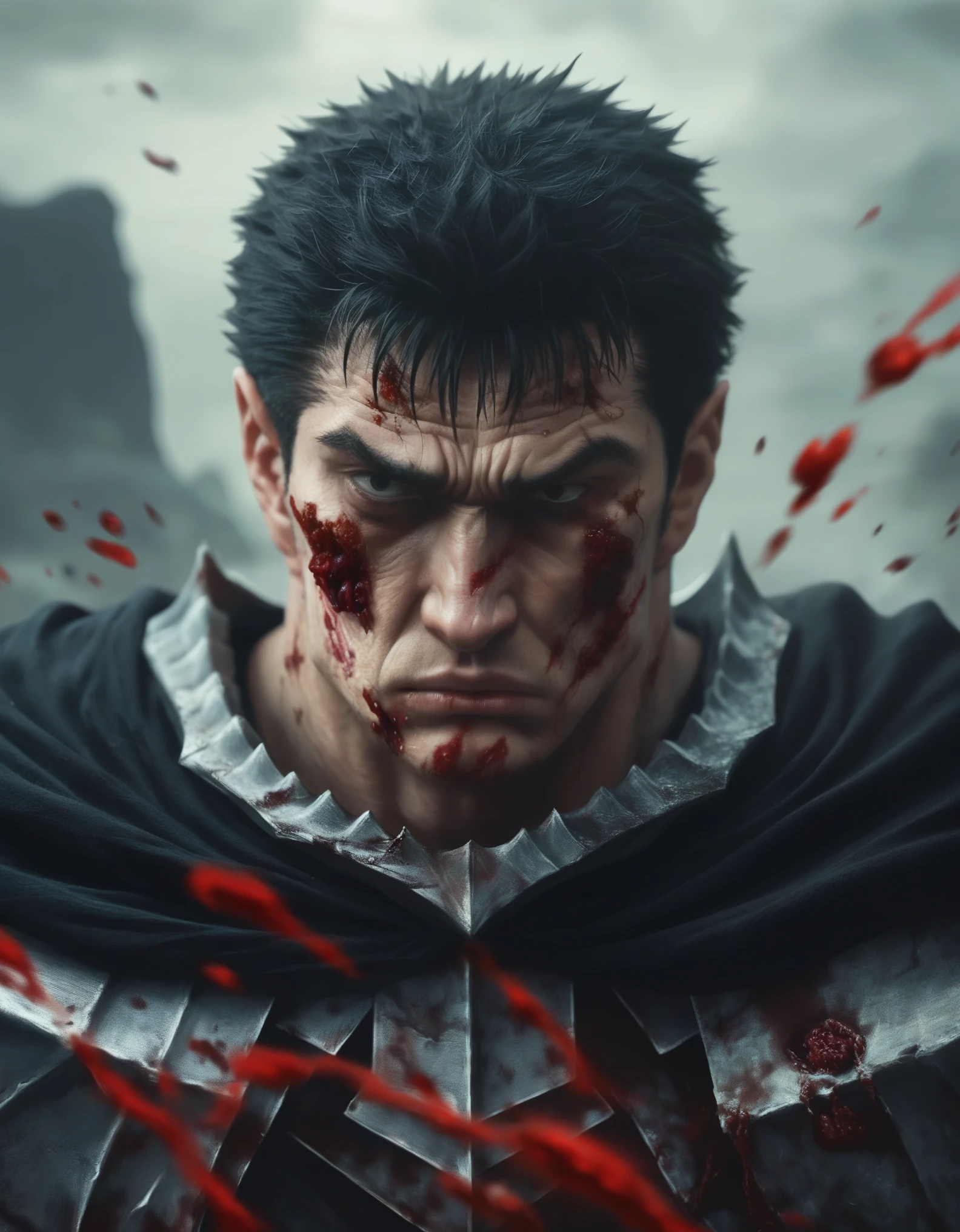 Dark fantasy-style illustration featuring Guts, also known as the Black Swordsman, with a stern expression, standing in a battle-ready pose. The character has short, dark hair and a rugged face with a determined look, reminiscent of Kentaro Miura's iconic style. He is dressed in black armor with red accents and a flowing black cape. The warrior wields a large, blood-stained Dragon Slayer sword, and the ground around him is littered with defeated, grotesque creatures, emphasizing a recent battle. The background is a dark, eerie landscape with jagged rock formations and a blood-red ground. At the bottom of the image, there is a signature in a stylized red font that reads 'ArtVision1999'.