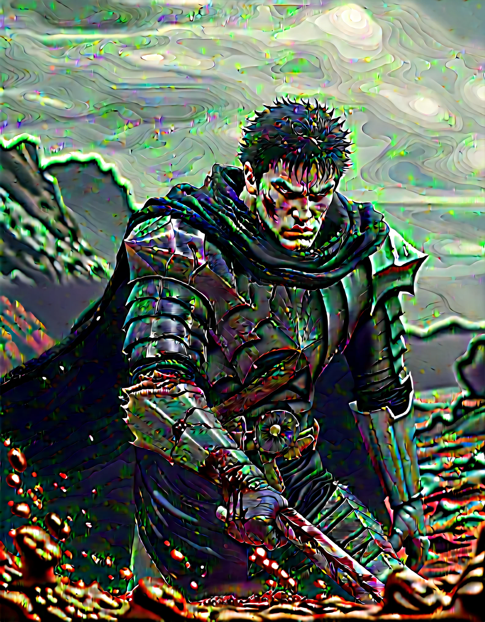 Dark fantasy-style illustration featuring Guts, also known as the Black Swordsman, with a stern expression, standing in a battle-ready pose. The character has short, dark hair and a rugged face with a determined look, reminiscent of Kentaro Miura's iconic style. He is dressed in black armor with red accents and a flowing black cape. The warrior wields a large, blood-stained Dragon Slayer sword, and the ground around him is littered with defeated, grotesque creatures, emphasizing a recent battle. The background is a dark, eerie landscape with jagged rock formations and a blood-red ground. At the bottom of the image, there is a signature in a stylized red font that reads 'ArtVision1999'.