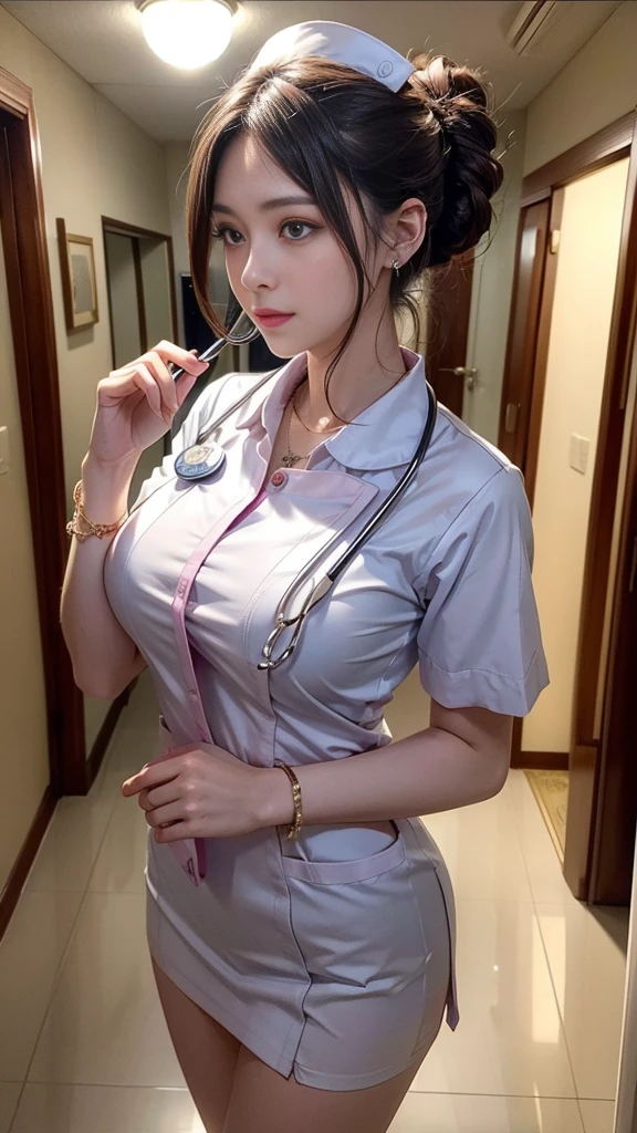 (32K:1.9, Highest quality, masterpiece, Ultra-high resolution), Professional camera work:1.3, Very detailedな肌と顔の質感:1.3, Always accurate, Very detailed, ((25 talents, nurse, Dark corridor of a large hospital:1.4, The moonlight at night illuminates the room:1.2)), (Tight white nurse uniform:1.3, Incredibly slim body, Large Breasts), Fair skin, elegant, sense of cleanliness, Sensual pose, (Big eyes that exude beautiful eroticism:0.4, A shy smile:1.0, I love you with all my heart:0.8, Open your mouth a little, lipstick, Feel the beautiful eroticism:0.9), (Dark brown medium hair), Stethoscope, Earrings, necklace, bracelet, (romantic, mysterious), Object of admiration, original, dramatic, artistic, Innovative, charm, Heartful, Fancy, sense of openness, special, exciting, Extreme, Tilt, sense of loss, sorrow, sorrowの表現, ((若さのcharm, 女性的なcharm))
