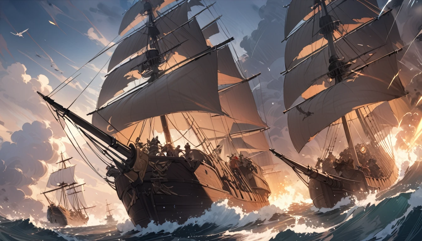((Top Quality)), ((Masterpiece)), Pirate War, buccaneer, sailing ships, clash, bombardment, ocean, storm