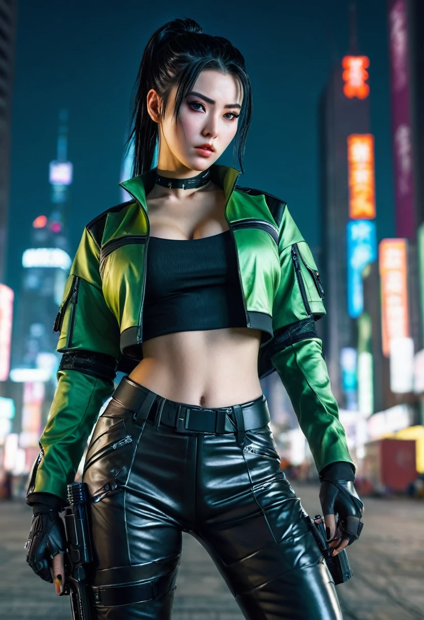 (masterpiece, best quality, 8k, sharp focus, depth of field, best shadows, perfect lights, HDR, realistic skin texture, hyper detailed background), Anime style, Long Angle Shot, ((CYBERPUNK THEME)), solo, 1 woman, she is a mercenary, (green eyes, white skin, black hair with ponytail, choker, small breasts, slim, makeup, Eyeliner, gloss), she is doing a job on a futuristic korean city, holding a Tech-katana with a strong grip, night, sky, waning moon, wearing a nice tech-jacket and leather pants.