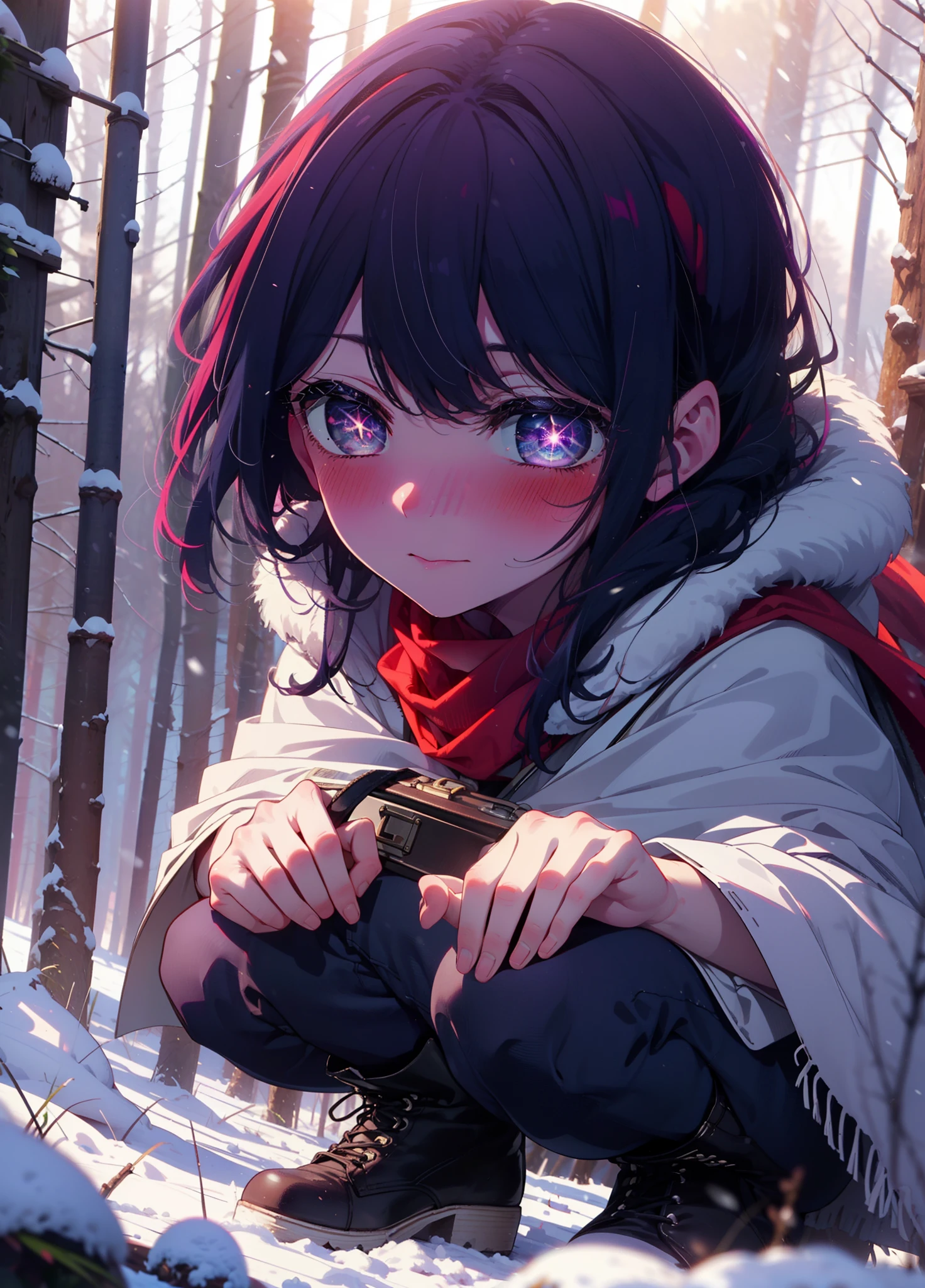 aihoshino, Ai Hoshino, Long Hair, bangs, (Purple eyes:1.1), Purple Hair, (Symbol-shaped pupil:1.5), smile,,smile,blush,white breath,
Open your mouth,snow,Ground bonfire, Outdoor, boots, snowing, From the side, wood, suitcase, Cape, Blurred, , forest, White handbag, nature, Squat, Mouth closed, Cape, winter, Written boundary depth, Black shoes, red Cape break looking at viewer, Upper Body, whole body, break Outdoor, forest, nature, break (masterpiece:1.2), Highest quality, High resolution, unity 8k wallpaper, (shape:0.8), (Beautiful and beautiful eyes:1.6), Highly detailed face, Perfect lighting, Highly detailed CG, (Perfect hands, Perfect Anatomy),