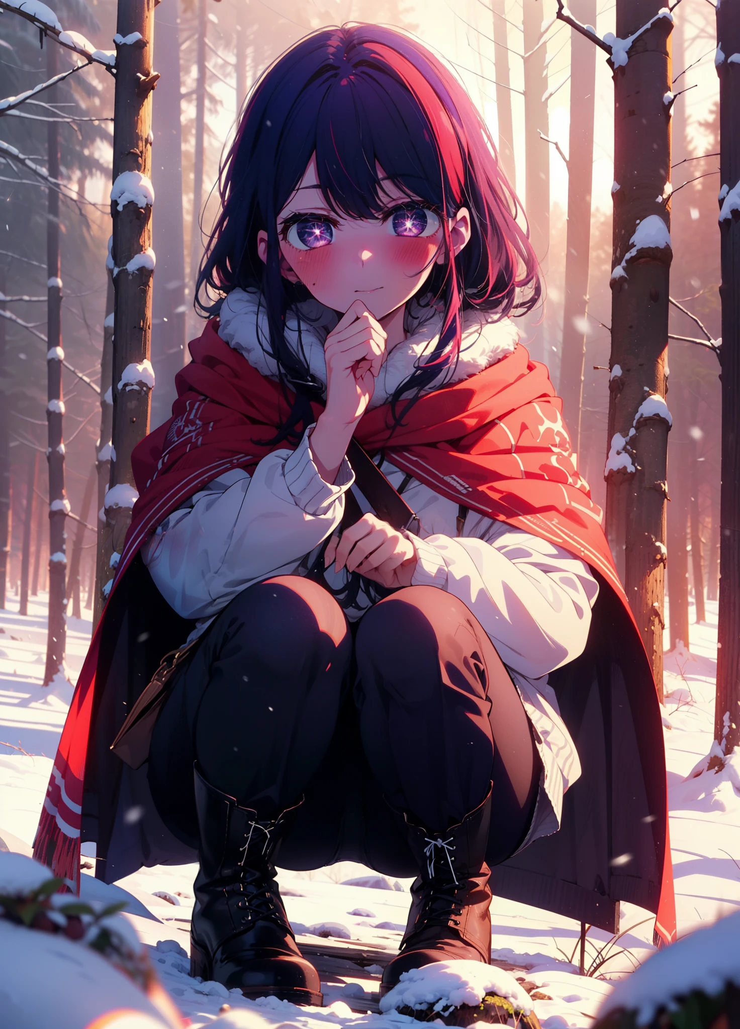 aihoshino, Ai Hoshino, Long Hair, bangs, (Purple eyes:1.1), Purple Hair, (Symbol-shaped pupil:1.5), smile,,smile,blush,white breath,
Open your mouth,snow,Ground bonfire, Outdoor, boots, snowing, From the side, wood, suitcase, Cape, Blurred, , forest, White handbag, nature, Squat, Mouth closed, Cape, winter, Written boundary depth, Black shoes, red Cape break looking at viewer, Upper Body, whole body, break Outdoor, forest, nature, break (masterpiece:1.2), Highest quality, High resolution, unity 8k wallpaper, (shape:0.8), (Beautiful and beautiful eyes:1.6), Highly detailed face, Perfect lighting, Highly detailed CG, (Perfect hands, Perfect Anatomy),