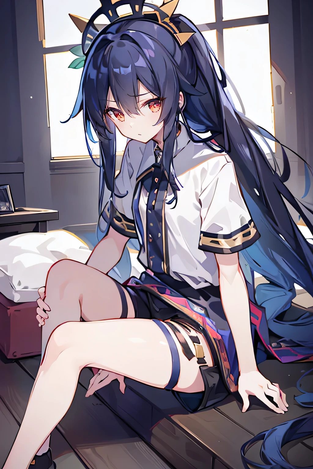 girl,Medium chest,Headdress,Tall,young,Set-Gladiator,Long hair,hair tying,indoor,Black shorts,Knee-length,Low Ponytail,dark blue long hair,