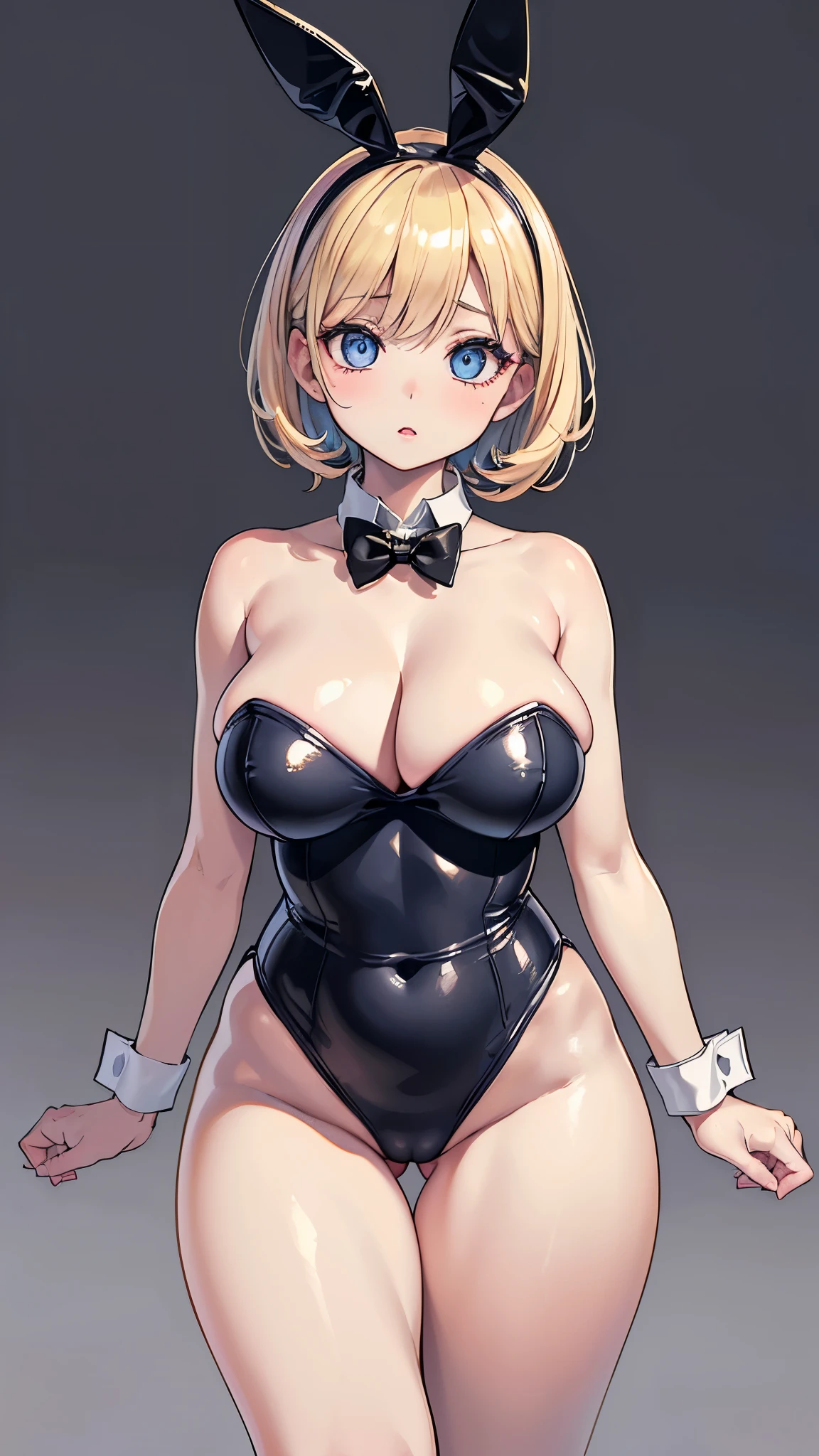 (masterpiece, 最high quality, 超High resolution, Very detailed), (Realistic:1.1, photoRealistic:1.4), Perfect illustration, Perfect lighting,Hair in perfect detail, Perfect and detailed face, Perfect collarbone, Perfect body,Juicy breasts, Perfect Thighs, Beautiful feet, View your viewers, 1 Girl,Perfect Face, (Perfect Anatomy, Anatomically correct), Symmetrical face、((Shiny Hair)),Sexy Body、(masterpiece),(最high quality:1.3),8k,Very clear,(Ultra-realistic),,Captivating woman,(high quality, High resolution, Fine details), Realisticなスタイルの女性,Juicy breasts、One perfect woman、Perfect Face、Symmetrical face、Baby Face、((Large Breasts))、Cleavage、blush、((Juicy lips))、Cowboy Shot、((Very short blonde hair))、((Big double blue eyes、Long eyelashes))、((Red makeup))、((Wide Hips))、((Plump body))、(((Playboy、Bunny girl)))、(((Black enamel high leg leotard、Collar with bow tie、cuffs)))、(Concrete Background)