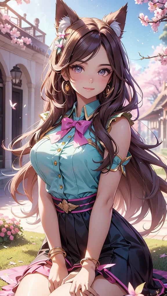 (best quality,4k,8k,highres,masterpiece:1.2),ultra-detailed,(realistic,photorealistic,photo-realistic:1.37),acrylic painting,beautiful Brazilian model in a uniform outfit with downy hair,beautiful Brazilian model with extremely colorful brown hair and detailed facial features,beautiful Brazilian model standing in a beautiful garden surrounded by a starry sky,brown hair,beautiful Brazilian model wearing a vibrant pink and teal uniform outfit,beautiful Brazilian model with intricate accessories,cat ears, ,beautiful Brazilian model with long flowing twintails,beautiful Brazilian model with bright brown eyes and rosy lips,beautiful Brazilian model with a joyful expression,beautiful Brazilian model in a dynamic pose with cherry blossoms falling around her,beautiful Brazilian model surrounded by colorful flowers and butterflies,beautiful Brazilian model's school uniform outfit adorned with cute bows and lace details,beautiful Brazilian model with an enchanting smile,beautiful Brazilian model with soft, pastel-colored shading,beautiful Brazilian model with a magical glow illuminating her,beautiful Brazilian model in a picturesque setting with a winding path leading to a magnificent castle,beautiful Brazilian model with a fairytale-like background,beautiful Brazilian model with a soft, dreamy atmosphere,beautiful Brazilian model with a subtle bokeh effect,beautiful Brazilian model standing under a sunny sky,beautiful Brazilian model with a warm, golden sunset in the background,beautiful Brazilian model surrounded by twinkling stars and colorful nebulae,creating an ethereal and captivating artistic masterpiece, sitting down, facing camera.
