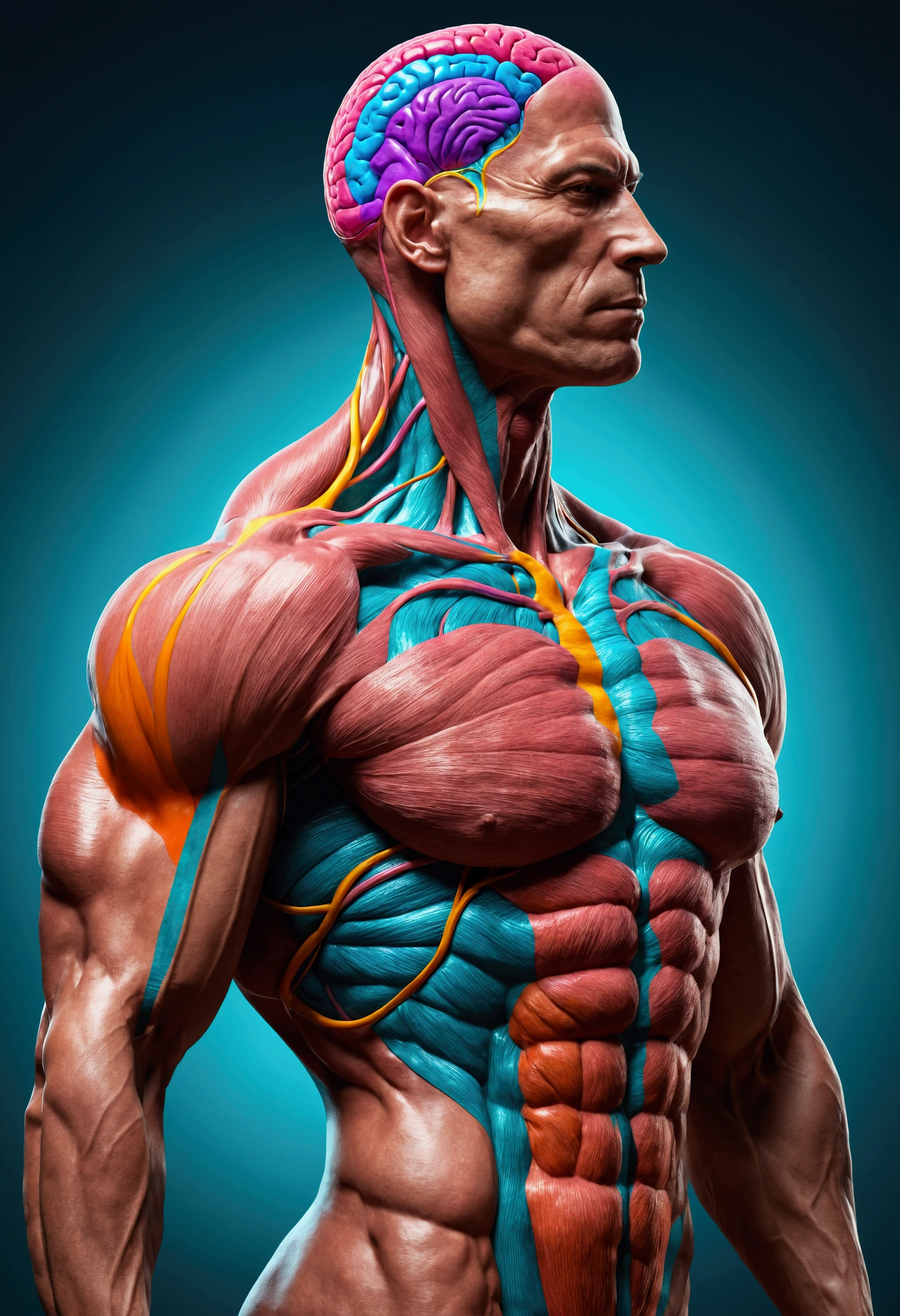 man with muscle but no skin, anatomy, only muscle, color full , transparent head with brain, bright colors, neon