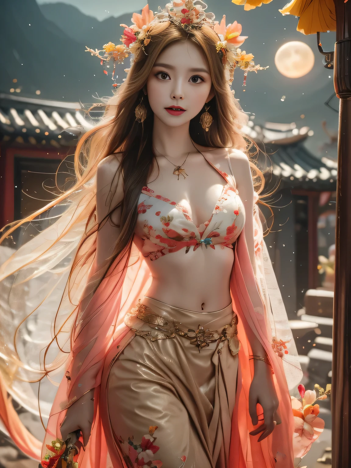 best quality, High target_solve, clearly_image, Detailed background ,girl, Hanbok,flower,flower园,moon, night,Hook of Holland, Wide-angle lens, crown,