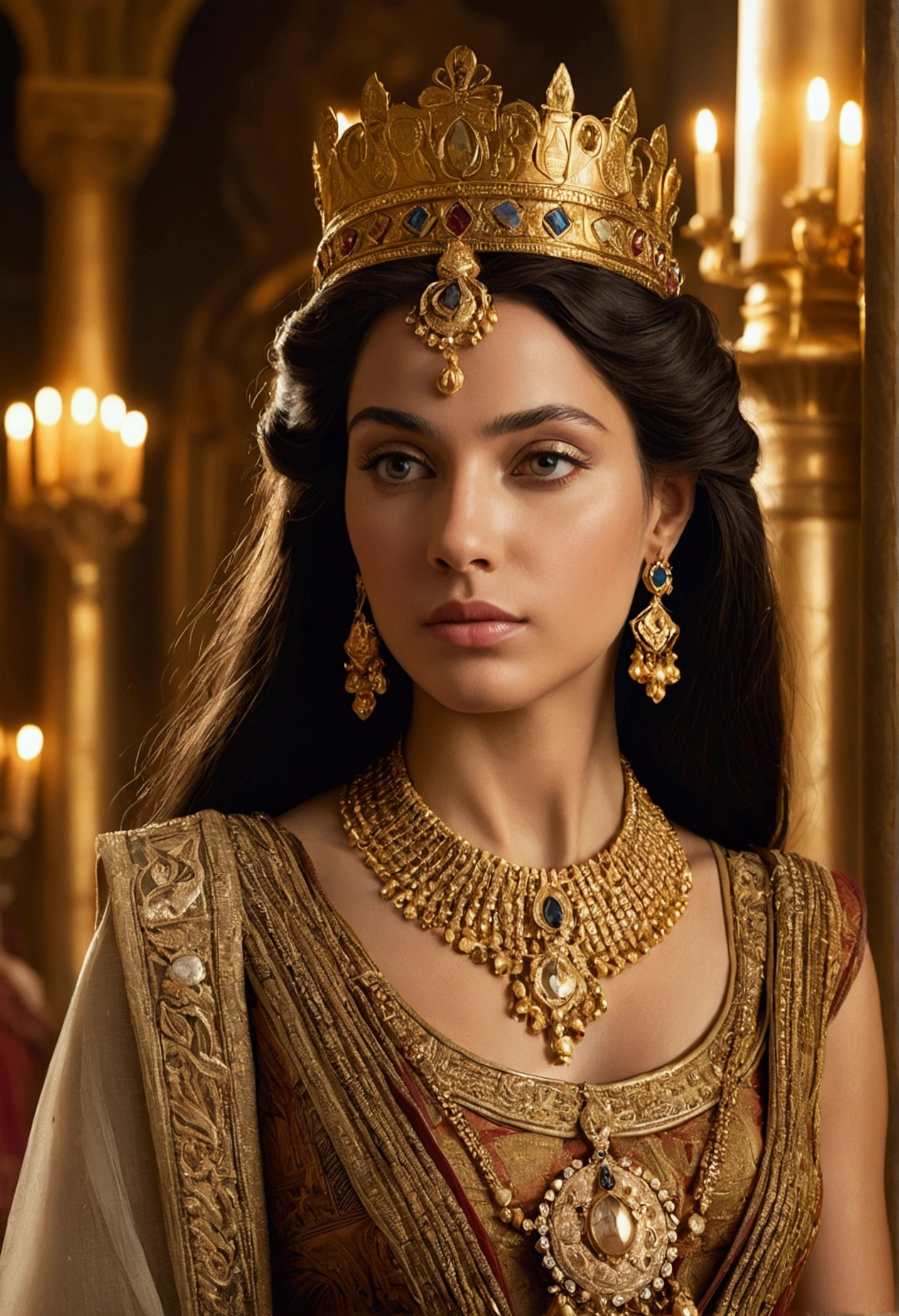 Cleopatra in the Royal Court:

A regal woman with long, dark hair adorned with intricate gold jewelry, including a crown, a necklace, and earrings. She stands in the royal court, surrounded by courtiers and advisors, gazing towards the horizon with a serene and powerful expression. The golden tones of her attire and the warm, sunset lighting create a sense of opulence and grandeur. The background includes the richly decorated royal court with intricate tapestries and columns. [Photorealistic portrait, inspired by the style of historical paintings and fashion editorials], [Warm, golden lighting, focus on the woman's face and jewelry, realistic textures, sharp details, vibrant 3D render]