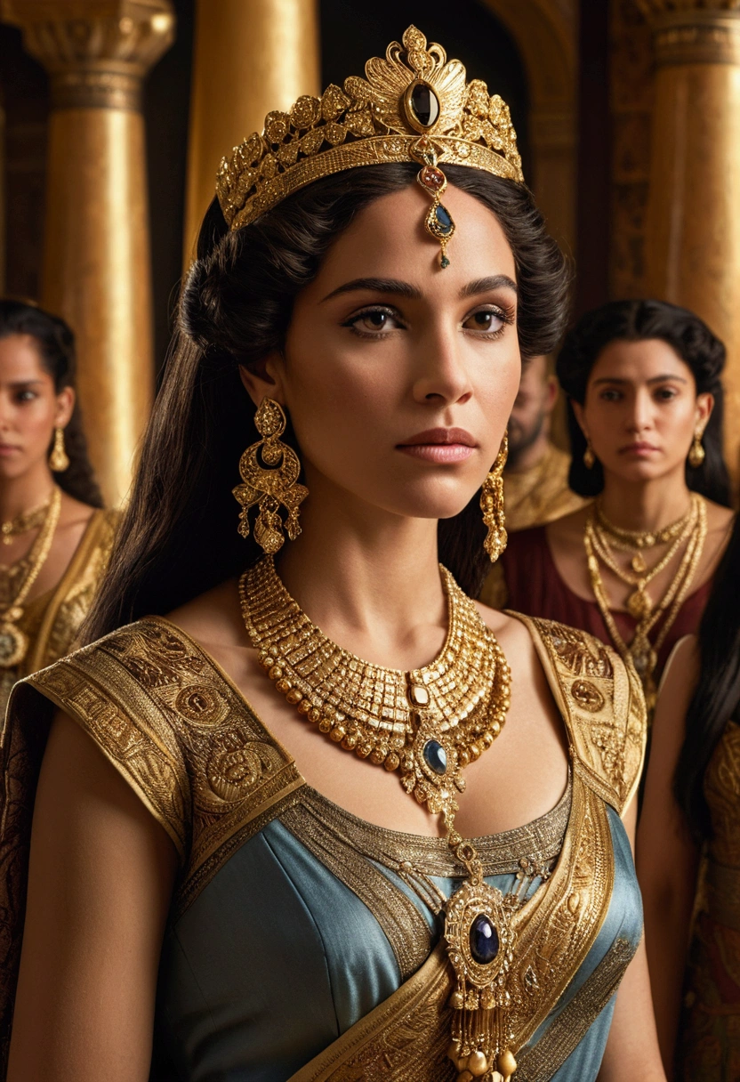 Cleopatra in the Royal Court:

A regal woman with long, dark hair adorned with intricate gold jewelry, including a crown, a necklace, and earrings. She stands in the royal court, surrounded by courtiers and advisors, gazing towards the horizon with a serene and powerful expression. The golden tones of her attire and the warm, sunset lighting create a sense of opulence and grandeur. The background includes the richly decorated royal court with intricate tapestries and columns. [Photorealistic portrait, inspired by the style of historical paintings and fashion editorials], [Warm, golden lighting, focus on the woman's face and jewelry, realistic textures, sharp details, vibrant 3D render]