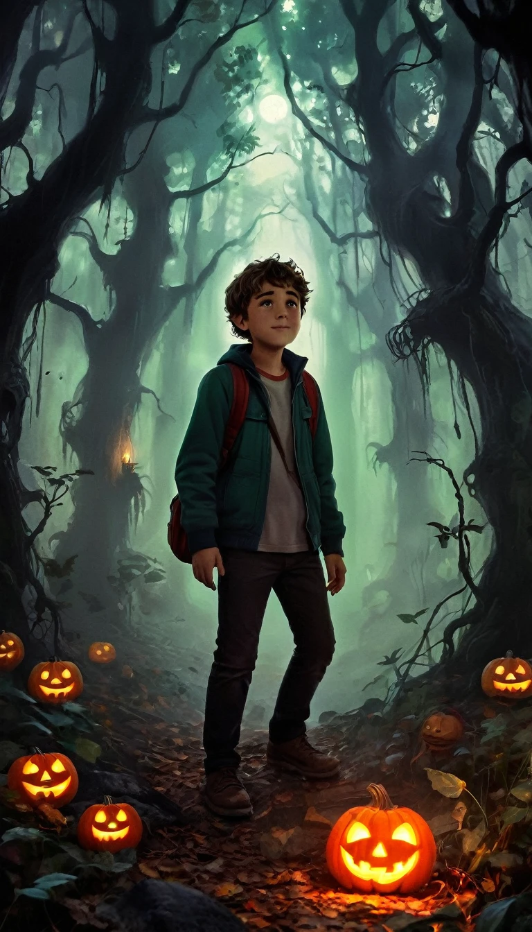 An image of Lucas in a spooky forest full of spirits
