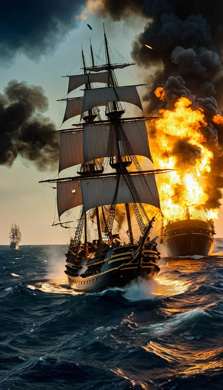 a dramatic cinematic scene of a pirate war, great naval battle in the caribbean during the 18th century, multiple ships shoot each other, with damages, fire, smoke, wounded pirates, dueling pirates fighting with swords and guns, aerial view, (best quality,4k,8k,highres,masterpiece:1.2),ultra-detailed,(realistic,photorealistic,photo-realistic:1.37),dramatic lighting,epic scale,intense action,dynamic composition,moody color palette,chiaroscuro lighting,cinematic framing,high contrast