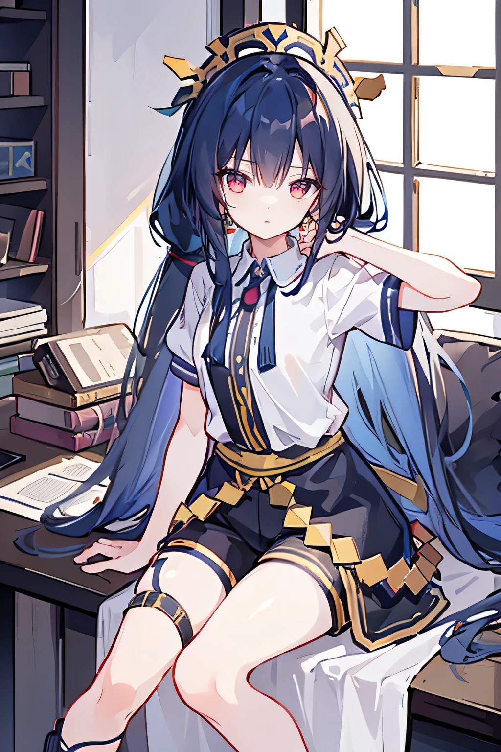 girl，Medium chest，Headdress，Tall，young，Set-Gladiator，Long hair，hair tying，indoor，Black shorts，Knee-length，Low Ponytail，dark blue long hair，