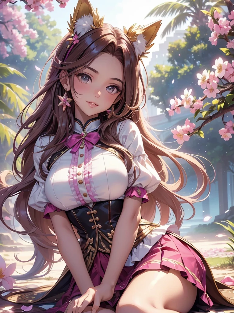 (best quality,4k,8k,highres,masterpiece:1.2),ultra-detailed,(realistic,photorealistic,photo-realistic:1.37),acrylic painting,beautiful Brazilian model in a uniform outfit with downy hair,beautiful Brazilian model with extremely colorful brown hair and detailed facial features,beautiful Brazilian model standing in a beautiful garden surrounded by a starry sky,brown hair,beautiful Brazilian model wearing a vibrant pink and teal uniform outfit,beautiful Brazilian model with intricate accessories,cat ears, ,beautiful Brazilian model with long flowing twintails,beautiful Brazilian model with bright brown eyes and rosy lips,beautiful Brazilian model with a joyful expression,beautiful Brazilian model in a dynamic pose with cherry blossoms falling around her,beautiful Brazilian model surrounded by colorful flowers and butterflies,beautiful Brazilian model's school uniform outfit adorned with cute bows and lace details,beautiful Brazilian model with an enchanting smile,beautiful Brazilian model with soft, pastel-colored shading,beautiful Brazilian model with a magical glow illuminating her,beautiful Brazilian model in a picturesque setting with a winding path leading to a magnificent castle,beautiful Brazilian model with a fairytale-like background,beautiful Brazilian model with a soft, dreamy atmosphere,beautiful Brazilian model with a subtle bokeh effect,beautiful Brazilian model standing under a sunny sky,beautiful Brazilian model with a warm, golden sunset in the background,beautiful Brazilian model surrounded by twinkling stars and colorful nebulae,creating an ethereal and captivating artistic masterpiece, sitting down, facing camera.