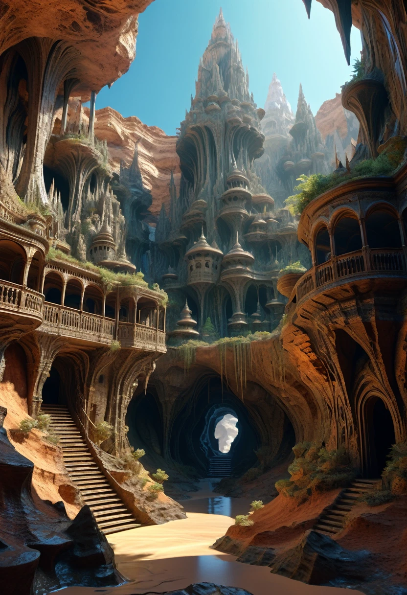 there are many inverted cavities (different rooms, united by mandelbulb projections that form passages) in the middle of an underground canyon that forms a mandelbulb mud village at different heights with many balconies and stalactites and stalactites, fantasy architecture, Highly detailed 4K digital art, beautiful detailed fantasy, stunning fantasy landscape, detailed fantasy digital art, arstation and high beep, fantasy style 8k octane rendering, stuning fantasy 3d rendering, Detailed fantasy in 4K, fantasy 3d rendering, 3D rendering beep, deep and massive desert landscape, stalacmite cave labyrinth type very confusing geonosis bubbes