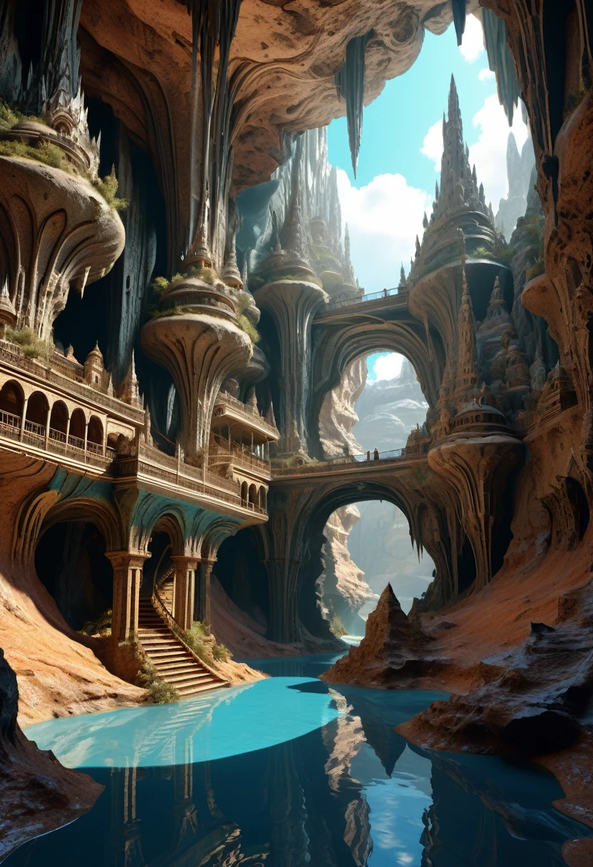 there are many inverted cavities (different rooms, united by mandelbulb projections that form passages) in the middle of an underground canyon that forms a mandelbulb mud village at different heights with many balconies and stalactites and stalactites, fantasy architecture, Highly detailed 4K digital art, beautiful detailed fantasy, stunning fantasy landscape, detailed fantasy digital art, arstation and high beep, fantasy style 8k octane rendering, stuning fantasy 3d rendering, Detailed fantasy in 4K, fantasy 3d rendering, 3D rendering beep, deep and massive desert landscape, stalacmite cave labyrinth type very confusing geonosis bubbes