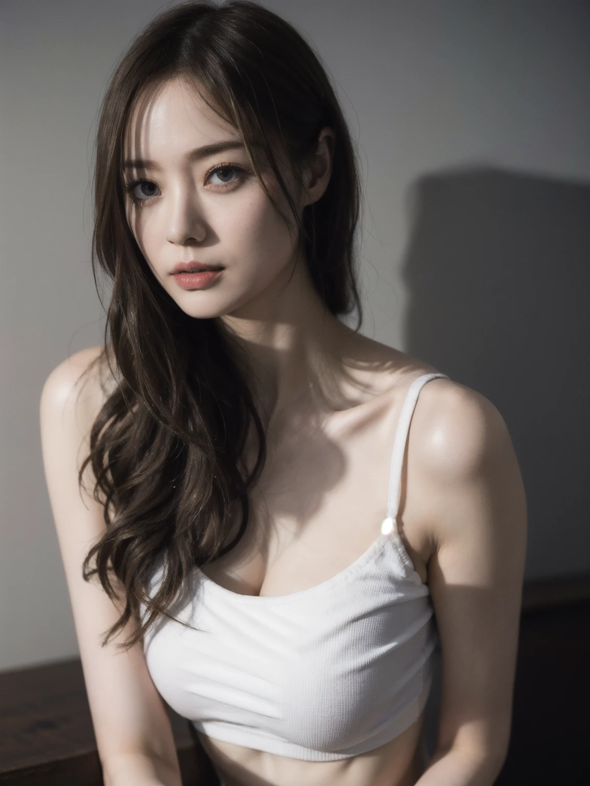 1girl, woman, masterpiece, best quality, highest quality, cinematic lighting, (volumetric lighting), extremely detailed CG unity 8k wallpaper, focused, 8k wallpaper, extremely detailed, ultra realistic, photorealistic, sharp focus, absurdres, (HDR:1.2), (high contrast), photograph, detailed and intricate, instagram, portrait, highly detailed, digital painting, artstation, concept art, smooth, sharp focus, illustration, cinematic lighting, (whole body:1.2), (White strap tanktop), open shoulder, big breast.