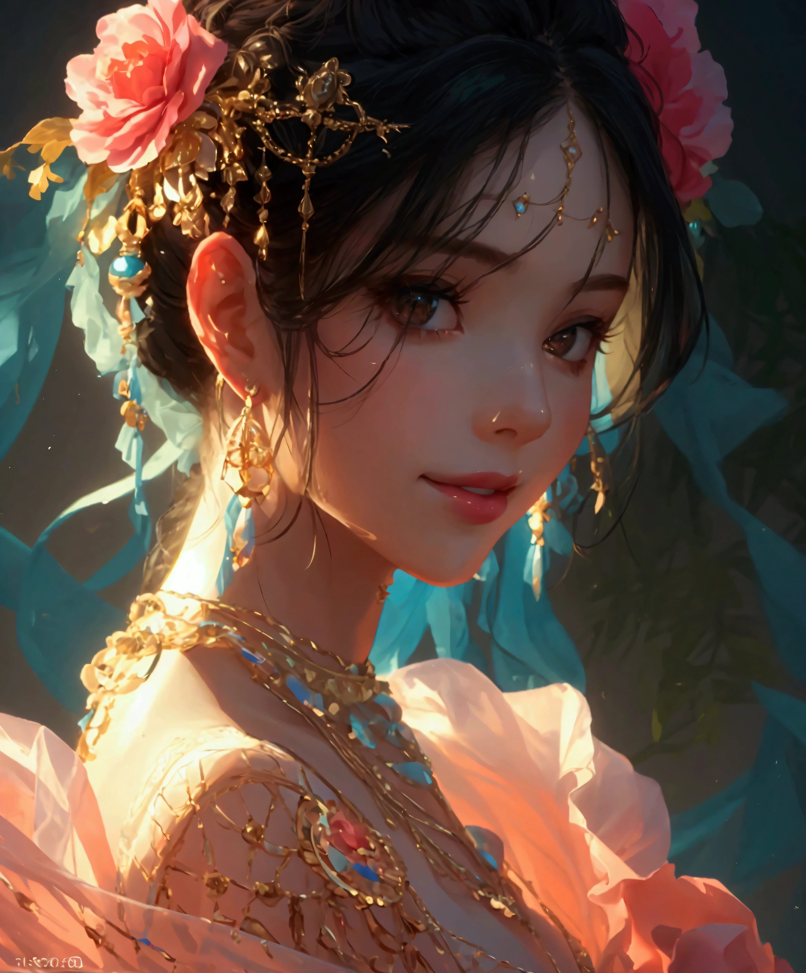 Best quality, masterpiece, high resolution, 1girl, clear silk porcelain dress, beautiful face, hair accessories, looking at the audience, smiling, close your mouth, lips, dress, hair accessories, necklaces, jewelry, long hair, earrings, beautiful face, on the body, Tindal effect, realism, dark studio, edge lighting, two-tone lighting, (high detail skin: 1.2), 8k UHD, DSLR, soft light, high quality, volumetric lighting, photo, high resolution 4K, 8k, blurred background