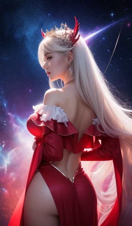 (masterpiece:1.5, Highest quality, Very detailed、 Dutch Angle、Semi-realistic、Fantasy)(One Girl, alone)(White and beautiful hair:1.4,,Straight Long Hair)(White based dress、Fantasy Costume)、((Off the shoulder、Mid-chest、ruby ​​necklace))(from back side,The buttocks are slightly visible、Legs wrapped in tights)(Beautiful starry sky、Mystical Night、Particles of light float around the woman、Fantasy space) Waiting to start