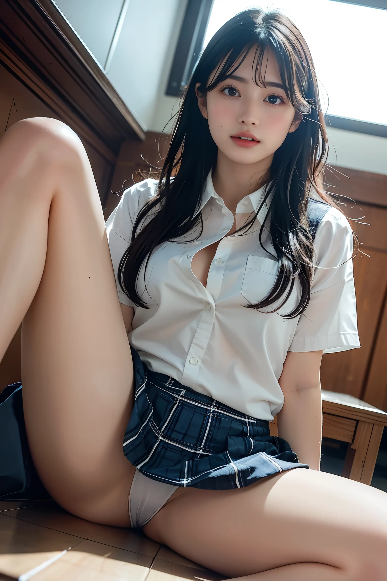 True Face、((From below:1.3))、下Half Bodyにクローズアップ、1girl、20th Generation、(smile)、RAW Photos,Award-winning photo,(masterpiece:1.3),(Highest quality,Very detailed,Complex),Professional photography,Professional Lighting,High resolution,High Dynamic Range,(((Realistic,Ultra-realistic,Realistic,8K Ultra HD))),beautifully、beautiful,sexy,Focus on your audience,wonderful,Perfect body、Big Breasts、Hot Fire,beautifullyする,(Cute eyes:1.2),Open your bright eyes,kkw skin,AS-Adult, Long Hair, whole body ,((A white shirt with all the buttons undone))、valley、White Bra, ((Checkered mini skirt))、White thong panties、White knee-high socks, Dynamic pose,Half Body, Long legs, Tight waist, Hip, Ultra-fine makeup, Ultra-fine fiber material, ((Spread your legs))、classroom、classroomの椅子に座っている、