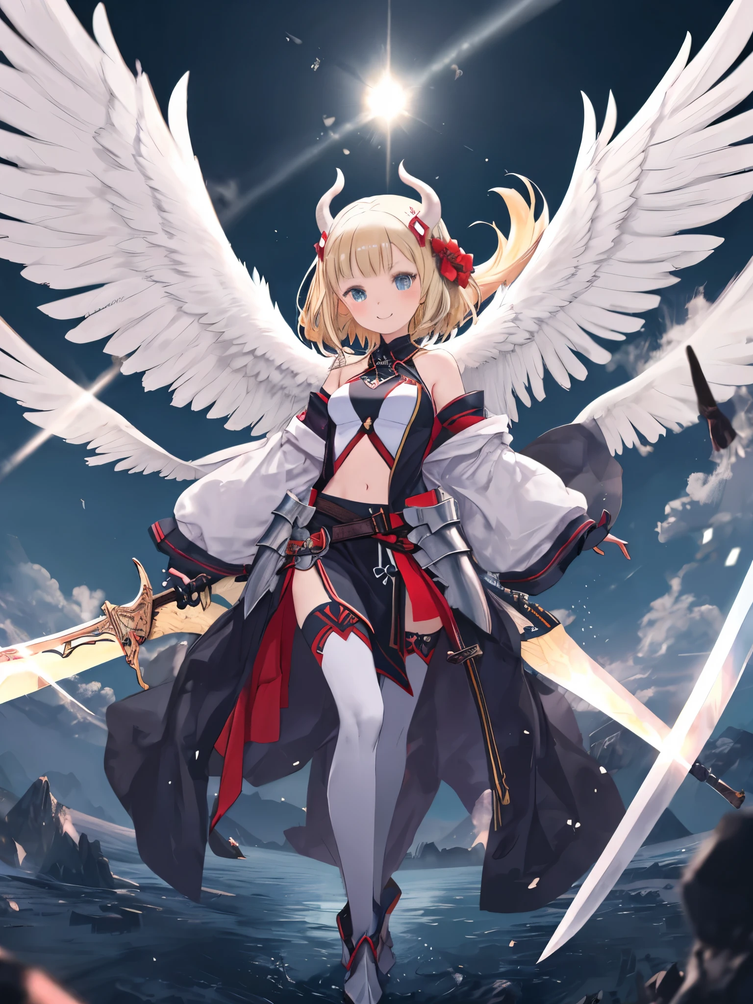 fantasy, 1devil_girl, low_teen, platina_blond_hair,long_bangs,, bare_shoulder, navel out, thighhighs,silver_shiny_armor, white_clothes,waist_armor, Glebe, hold_swords_emits_light, medium_breasts, dynamic_flying_pose,Floating, (1pair_white_wings:1.2),(pelvic_curtain:1.3), silver_Headgear ,looking_down_at_sunrise_city_sky_background,,slightly_spread_legs, some_swords_emits_light,some_swords_emits_light_floating_around_the_girl,solo,glare_halo ,smile,,open_legs,open_arms,rise_knee,rise_leg,rise_thigh,rise_leg,forward_leaning_posture,apart_legs,