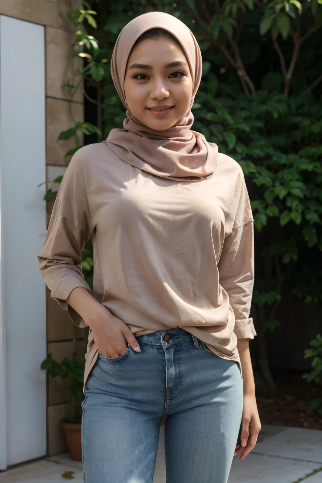 RAW, Best quality, high resolution, masterpiece: 1.3), beautiful Malay woman on hijab (iu:0.8), perfect nose,perfect lips, perfect eyes, smiling, detail :1.2),1 Malay girl, modern plain hijab,full body image detail, watery eyes, RAW, Best quality, high resolution, masterpiece: 1.3),perfect nose,perfect lips, perfect eyes, detail :1.2), soft smile, woman in a random shirt and skinny jeans standing in front of a bush, lovely woman, wearing casual clothes, malaysian, casual clothing, wearing casual clothing, a young asian woman, casual clothing style, casual clothes, handsome girl, casual pose, hijab, simple clothes, casual modern clothing, taken in 2022, full body picture, an asian woman
