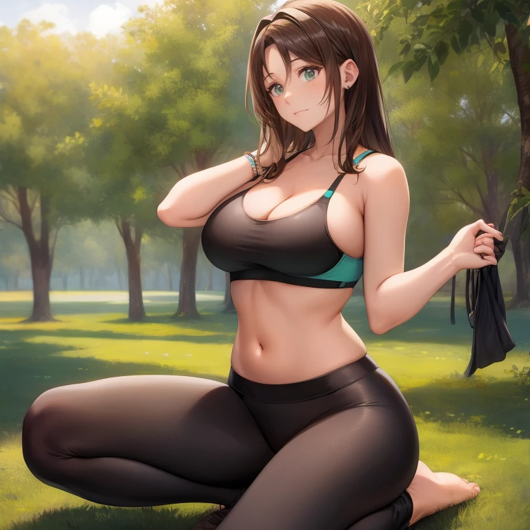 masterpiece, Best Quality, (((Solo mature woman similar to Lucy Pinder))), (((Brown hair))), Horse tail, bunker, (((Wide hips))), (((aqua green eyes))), full lips, seductive smile, neckline, (kneeling on a rug in the backyard), outdoor,  Sunset, blush, (((wearing black yoga pants with black sports bra))), [janet], [Alicia], "beautiful mature face" , Age 30 , milf , adult