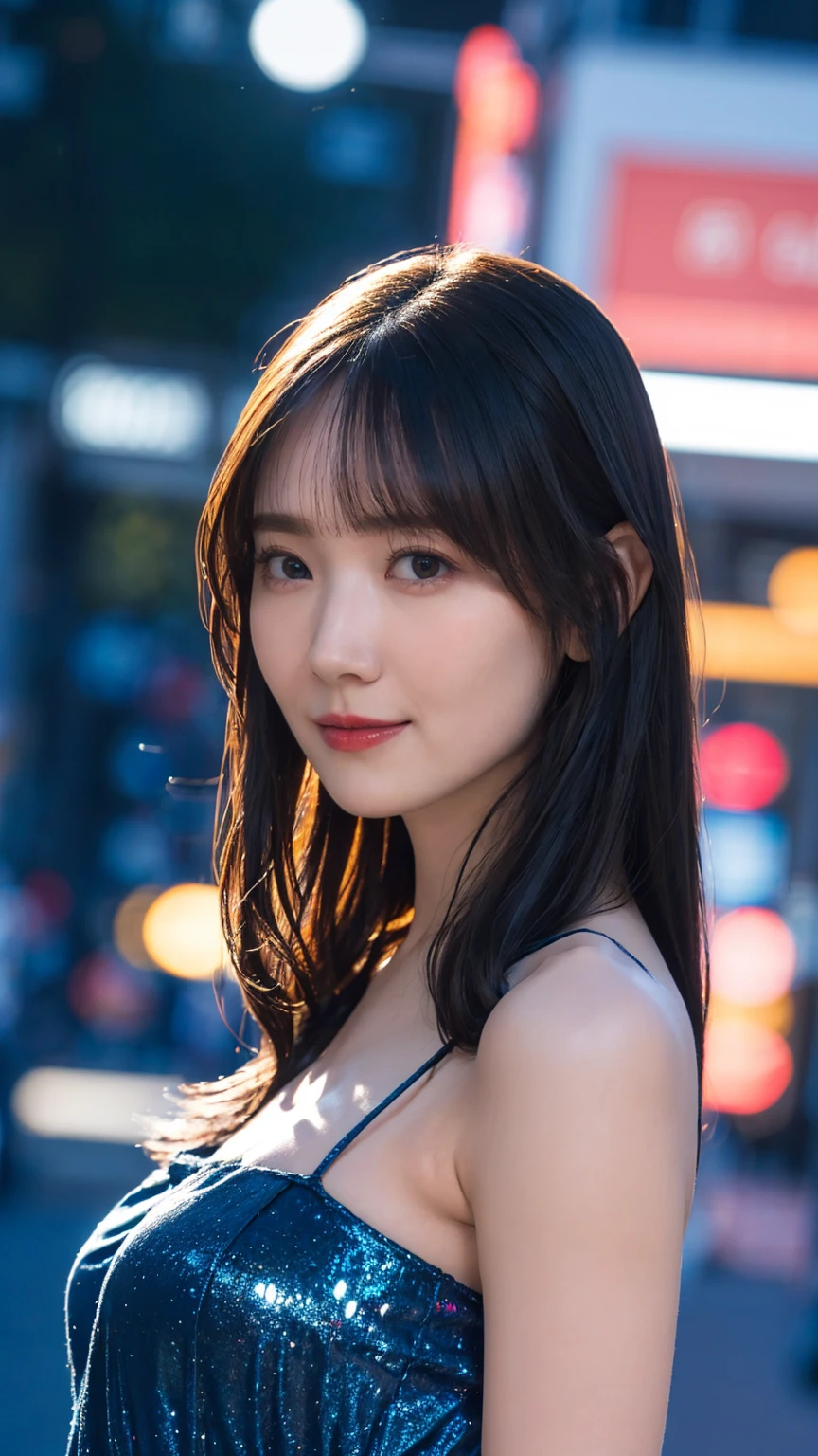 1girl,(wearing a blue evening dress:1.2),(RAW photo, best quality), (realistic, photo-realistic:1.4), masterpiece, an extremely delicate and beautiful, extremely detailed, 2k wallpaper, Amazing, finely detail, extremely detailed CG unity 8k wallpaper, ultra-detailed, highres, soft light, beautiful detailed girl, extremely detailed eyes and face, beautiful detailed nose, beautiful detailed eyes,cinematic lighting,city lights at night,perfect ???????,slender body,light smile,close up,(long hair with bangs), big breast