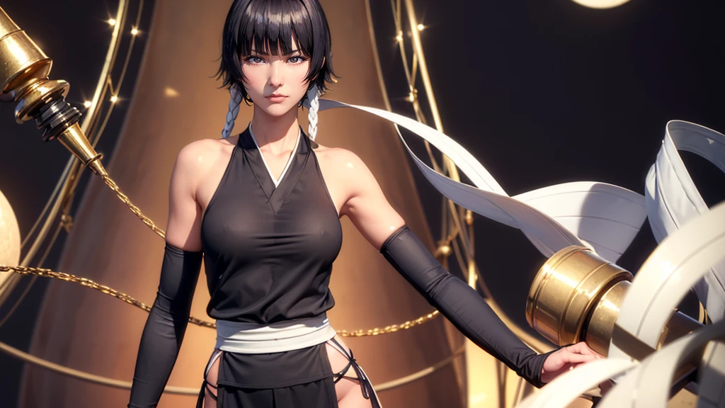 (((Perfect body,White and tender skin,(((japanese clothes, sideboob,Black top, Gold belt, black sleeves, black Japanese pants ))),(((sui-feng, short hair, short hair with long locks,Black hair))),((masterpiece)),high resolution, ((Best quality at best)),masterpiece,quality,Best quality,((( Exquisite facial features,Looking at the audience,There is light in the eyes,Smile))),))),(((Light and shadow,Small chest,))),(((Looking at the camera,black background,)))),