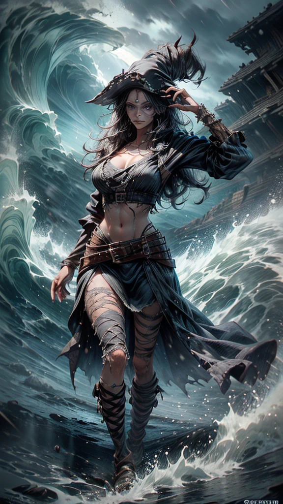 1 female skeleton pirate:1.2, with torn clothes, dark tone, scary scene, big wave, thunder, raining, high quality, high detailed, masterpiece, 8k, cinematic lighting, superrealistic, long exposure, full body shot, lightening, dressart