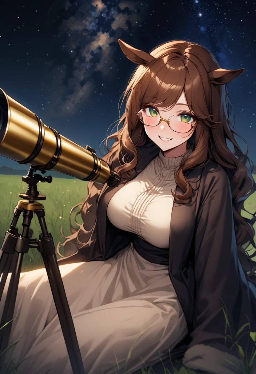 solo, female, sfw, close up:1.2, long wavy hair, brown hair, dark green eyes, centaur girl, huge woman, brown horse ears, huge breasts, scholar, modest clothes, night sky, wide smile, ((huge brass telescope on tripod)), starry sky, grassy field, night, coat, glasses, horse lower body sitting down:0.4, blanket on the ground