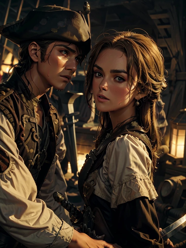 (masterpiece, Highest quality, 8k, light brown hair, eyepatch, from side, cinematic lighting, textured skin, best quality), Pirates 2, Facing each other, Our gazes intertwine, Face is close, 1boy1girl, ((Spit on, Two people holding swords:1.3, Two people clashing blades:1.3)), (On board, In the storm, Heavy Rain, My face is wet, Realistic Water Drops)