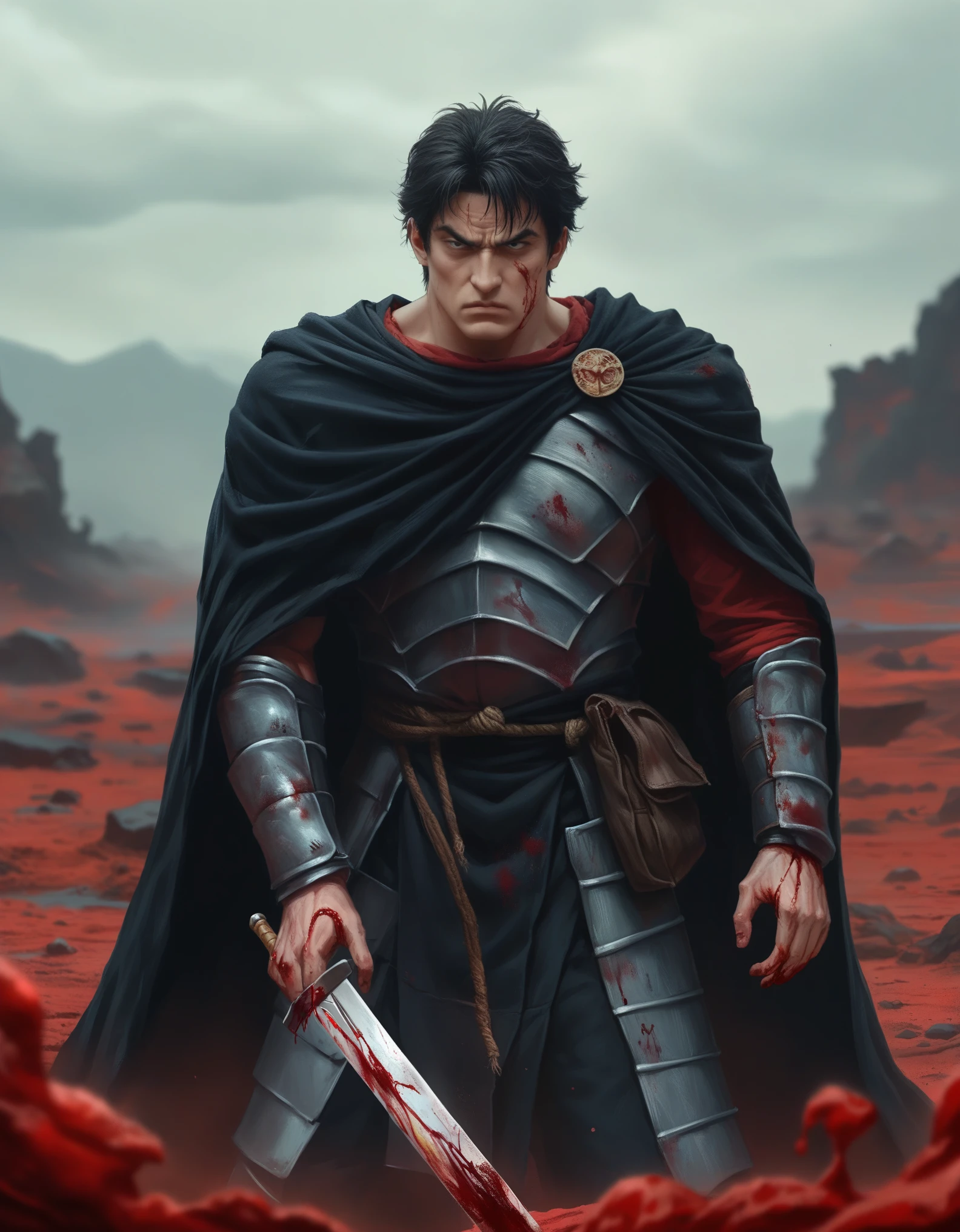 Dark fantasy-style illustration featuring Guts, also known as the Black Swordsman, with a stern expression, standing in a battle-ready pose. The character has short, dark hair and a rugged face with a determined look, reminiscent of Kentaro Miura's iconic style. He is dressed in black armor with red accents and a flowing black cape. The warrior wields a large, blood-stained Dragon Slayer sword, and the ground around him is littered with defeated, grotesque creatures, emphasizing a recent battle. The background is a dark, eerie landscape with jagged rock formations and a blood-red ground. At the bottom of the image, there is a signature in a stylized red font that reads 'ArtVision1999'.