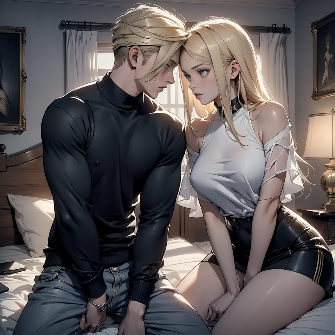 (a realistic scene of a boy and a girl in a sexual moment)
(best quality, highres:1.2), ultra-detailed, (realistic:1.37), HDR, studio lighting, (vivid colors:0.9), (bokeh:0.9), (sharp focus:1.1)
(oil painting, expressive brushstrokes, detailed textures)
(a boy and a girl engaged in sex in bedroom)
(the boy with disheveled blond hair, strong facial features, intense gaze)
(the girl with seductive blond hair, alluring lips, captivating eyes)
(both in their early twenties)
(the boy stands with his pants down, and intimate part penetrating the girl)
(the girl sitting on top of him in the bad, her legs spread)
(the boy and girl passionately embracing each other)
(the room bathed in warm, golden light)
(the atmosphere filled with desire and anticipation)
(romantic background music playing softly)
(a sense of spontaneity and passion in their body language)
(attention to the small details of their clothing and surroundings)
(a short skirt on the girl, revealing her beautiful legs)
(whispered words of love and longing)
(sensual and intimate facial expressions)
(their connection depicted through their intense eye contact)
(a side view, showcasing the depth and perspective of the scene)
Note: The prompt represents an erotic scene and may not be suitable for everyone.