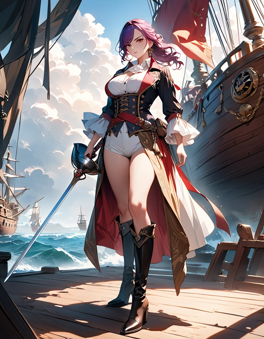 a portrait of a woman pirate holding a ((sword: 1.5)) on a pirate ship ready for battle, ((full body: 1.5)), ((anatomically correct: 1.5)), (ultra detailed face: 1.2), looking tense, looking dangerous,  dynamic eye color. dynamic hair color, dynamic hair style dynamic skin complexion, wearing 18th century white button shirt, busty , wearing  wearing high heeled boots, sunny day, sun rays, some clouds,18th century pirate ship background,  vibrant, Ultra-high resolution, High Contrast, (masterpiece:1.5), highest quality, Best aesthetics), best details, best quality, highres, 16k, (ultra detailed: 1.5), masterpiece, best quality, (extremely detailed) RAW, (ultra details, Masterpiece, best quality), Hyperrealism style, holding sword, Intense gaze, holding sword rapier