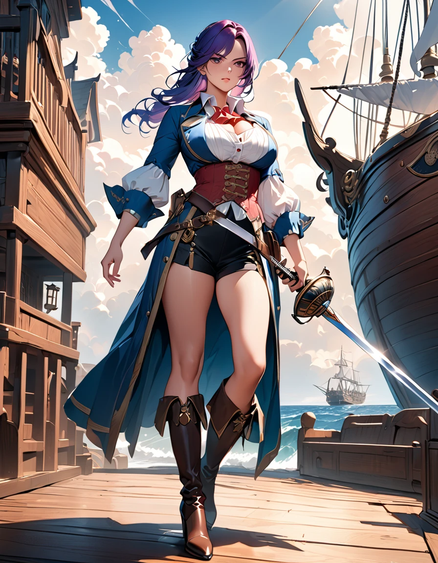 a portrait of a woman pirate holding a ((sword: 1.5)) on a pirate ship ready for battle, ((full body: 1.5)), ((anatomically correct: 1.5)), (ultra detailed face: 1.2), looking tense, looking dangerous,  dynamic eye color. dynamic hair color, dynamic hair style dynamic skin complexion, wearing 18th century white button shirt, busty , wearing  wearing high heeled boots, sunny day, sun rays, some clouds,18th century pirate ship background,  vibrant, Ultra-high resolution, High Contrast, (masterpiece:1.5), highest quality, Best aesthetics), best details, best quality, highres, 16k, (ultra detailed: 1.5), masterpiece, best quality, (extremely detailed) RAW, (ultra details, Masterpiece, best quality), Hyperrealism style, holding sword, Intense gaze, holding sword rapier