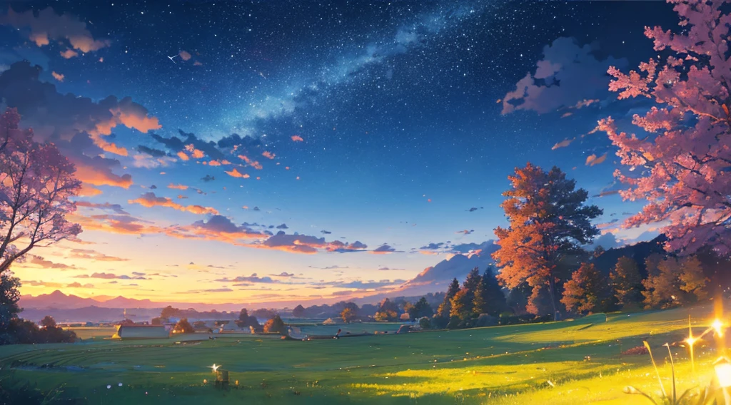 beautiful night sky, natta ,sakura, em estilo de makoto shinkai, Premium texture, Farbe, starly sky, rich texture, Landscape, dazzling stars, focusing on the horizon, (zoomed in: 1.1), (meteor shower:1.2), (comet:1.1), lowangle, aroura borealis, Shooting Star, best qualityer, Masterpiece artwork, nube, fullcolor, starlit, stele, natta, field of flowers, flower flower, night  sky, belas flores, tema da natta,