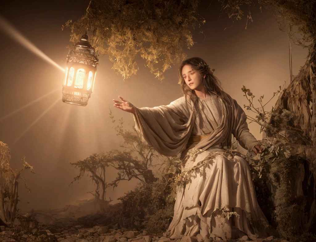 Create an image of the prophet Ezekiel in the center of the barren valley surrounded by dry bones, with a heavenly light shining on him. The words of prophecy come out of his mouth as he reaches out toward the bones. The wind of the Spirit begins to blow, bringing movement to the bones, and at some points, nerves and flesh begin to emerge, symbolizing the promise of resurrection and renewal. , delicate, Classic Academia, concept design, close-up, untextured, Detailed, Print, contrasted colors, Hauntology, vacuum tube lighting, Hyperrealistic textures, intricate details, architectural visualization, Corona render, 8k --ar 16:9