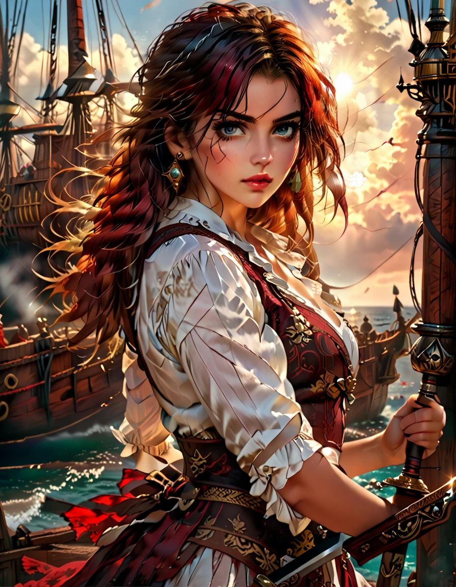 a portrait of a woman pirate holding a ((sword: 1.5)) on a pirate ship ready for battle, ((full body: 1.5)), ((anatomically correct: 1.5)), (ultra detailed face: 1.2), looking tense, looking dangerous,  dynamic eye color. dynamic hair color, dynamic hair style dynamic skin complexion, wearing 18th century white button shirt, busty , wearing  wearing high heeled boots, sunny day, sun rays, some clouds,18th century pirate ship background,  vibrant, Ultra-high resolution, High Contrast, (masterpiece:1.5), highest quality, Best aesthetics), best details, best quality, highres, 16k, (ultra detailed: 1.5), masterpiece, best quality, (extremely detailed) RAW, (ultra details, Masterpiece, best quality), Hyperrealism style, holding sword, Intense gaze, holding sword rapier