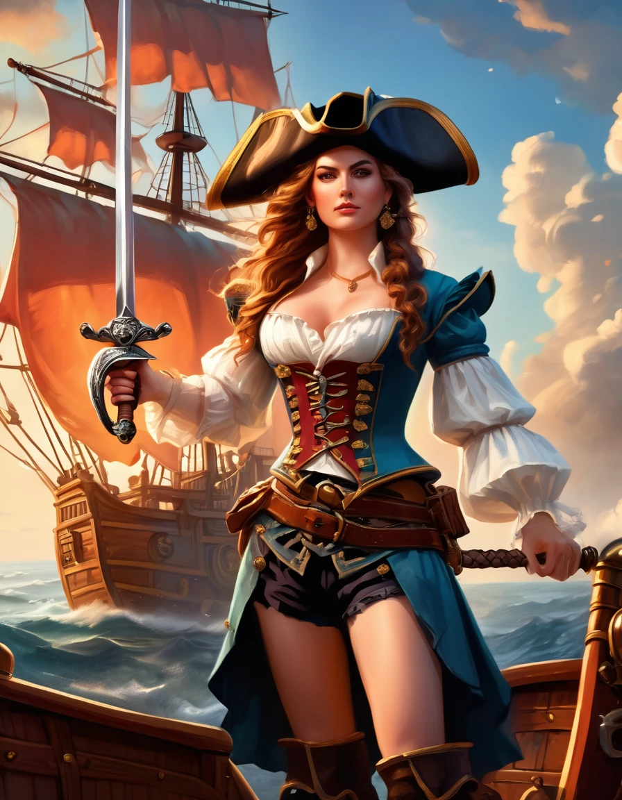 a portrait of a woman pirate holding a ((sword: 1.5)) on a pirate ship ready for battle, ((full body: 1.5)), ((anatomically correct: 1.5)), (ultra detailed face: 1.2), looking tense, looking dangerous,  dynamic eye color. dynamic hair color, dynamic hair style dynamic skin complexion, wearing 18th century white button shirt, busty , wearing  wearing high heeled boots, sunny day, sun rays, some clouds,18th century pirate ship background,  vibrant, Ultra-high resolution, High Contrast, (masterpiece:1.5), highest quality, Best aesthetics), best details, best quality, highres, 16k, (ultra detailed: 1.5), masterpiece, best quality, (extremely detailed) RAW, (ultra details, Masterpiece, best quality), Hyperrealism style, holding sword, Intense gaze, holding sword rapier