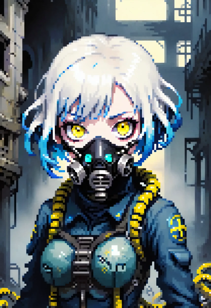  1 Monster Girl ,short hair with hidden blue dyeing,Eye color: yellow,big eyes,in a quiet dark abandoned city , gas mask on face, blue tentacles crawl out from under the anti-gizzard mask,from below,pale skin,Extremely white skin,glossy,A machine gun in his hand, black with blue details military uniform\),background\(Dark, foggy church) even more sexy 
